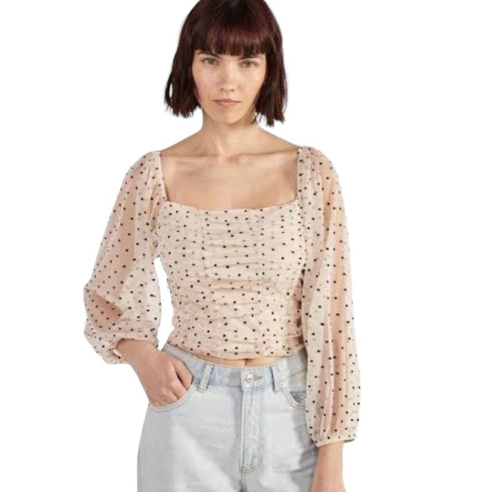 Bershka Cream Polka Dot Ruched Long Sleeve Blouse Women’s US XS